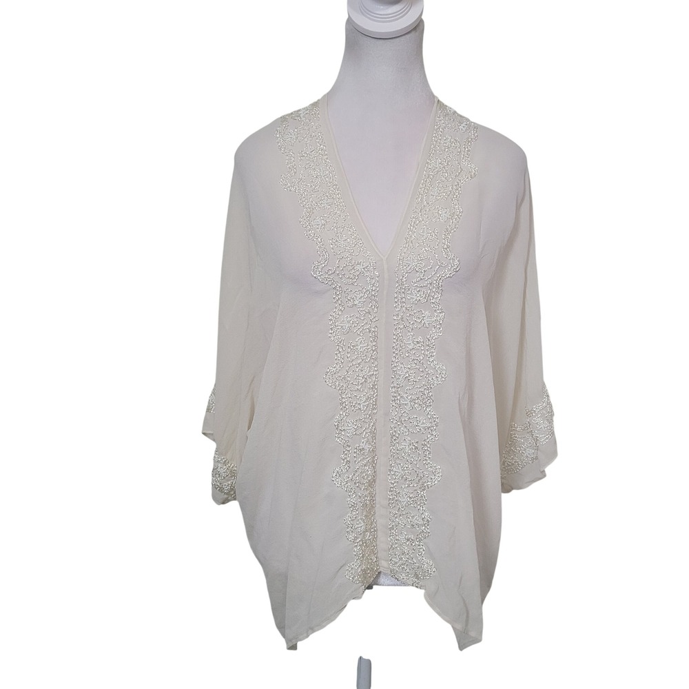 Renzo + Kai S Kimono‎ Top Womens Cream Beaded Silk Ribbon Embroidered Kaftan